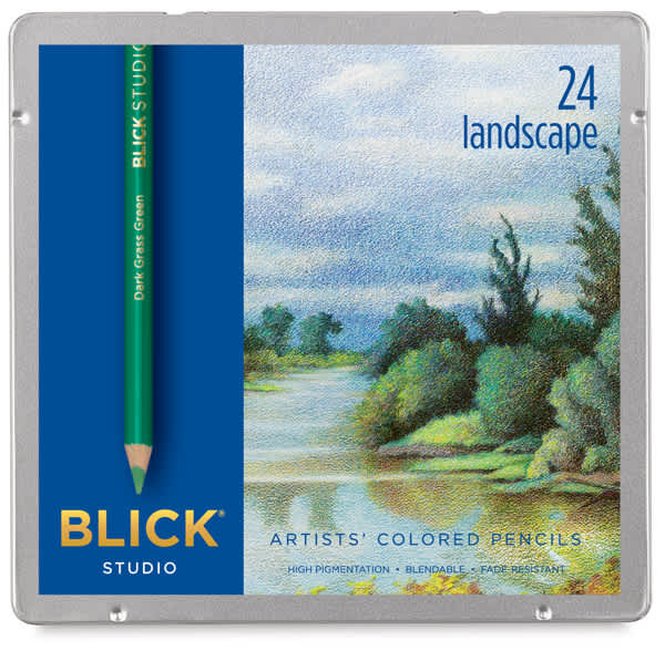 Open in modal - Blick Studio Artists' Colored Pencils - Landscape Colors, Set of 24. Front of closed tin box.