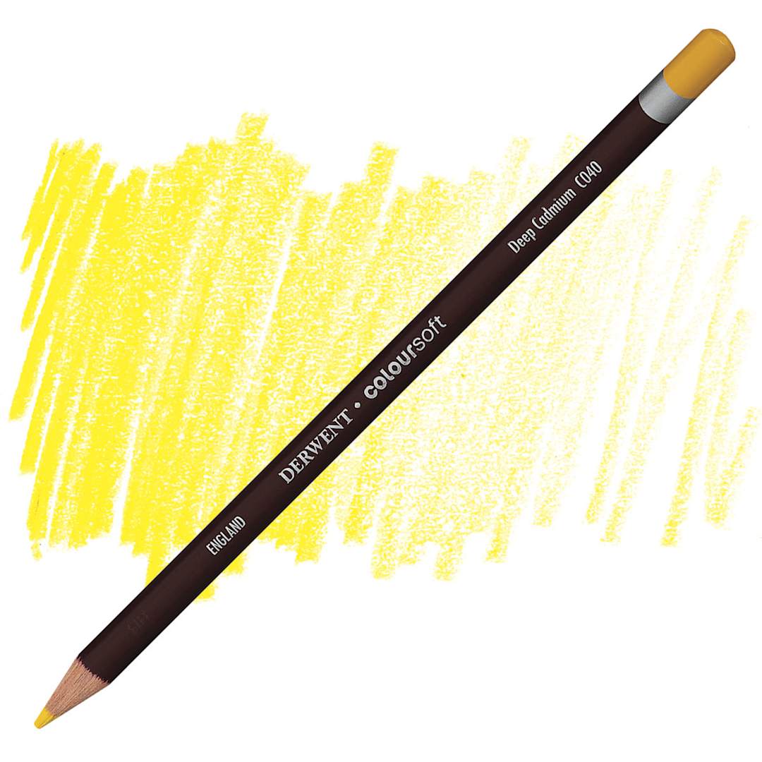 Open in modal - Derwent Coloursoft Pencil - Deep Cadmium Yellow pencil and swatch