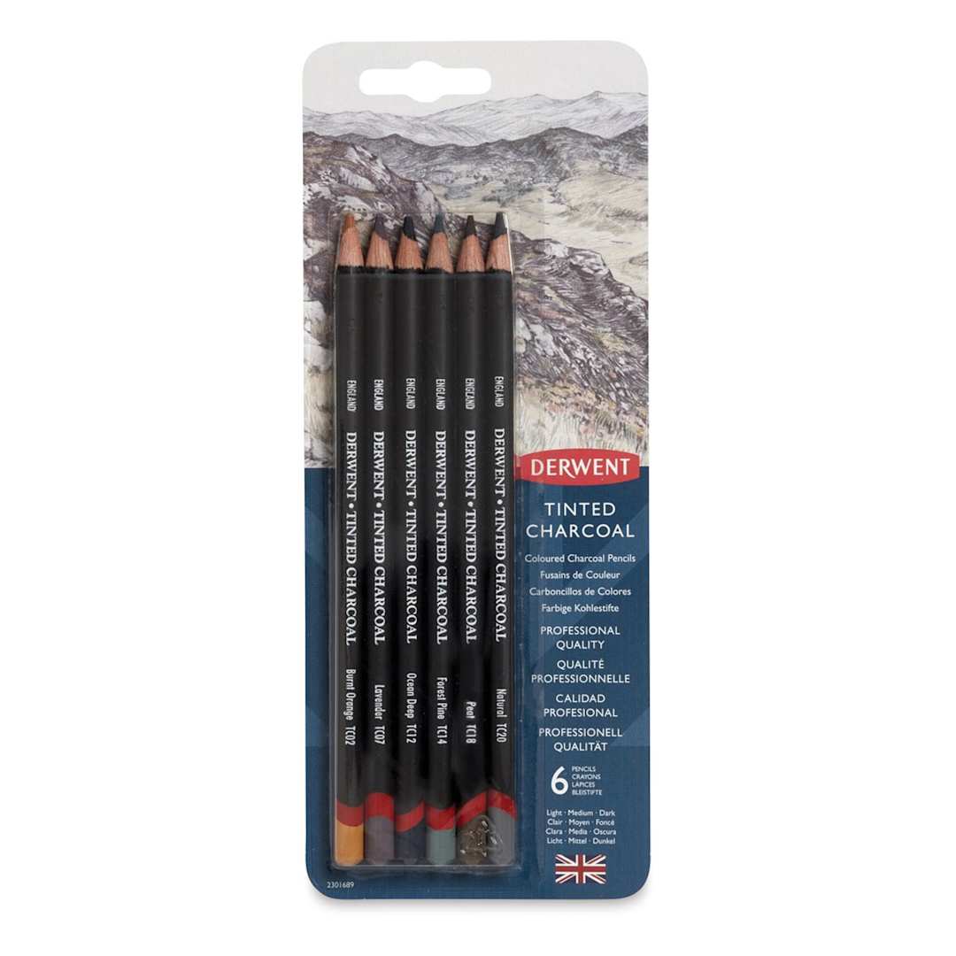 Open in modal - Derwent Tinted Charcoal Pencil Set - Front view of Blister Pack, Set of 6