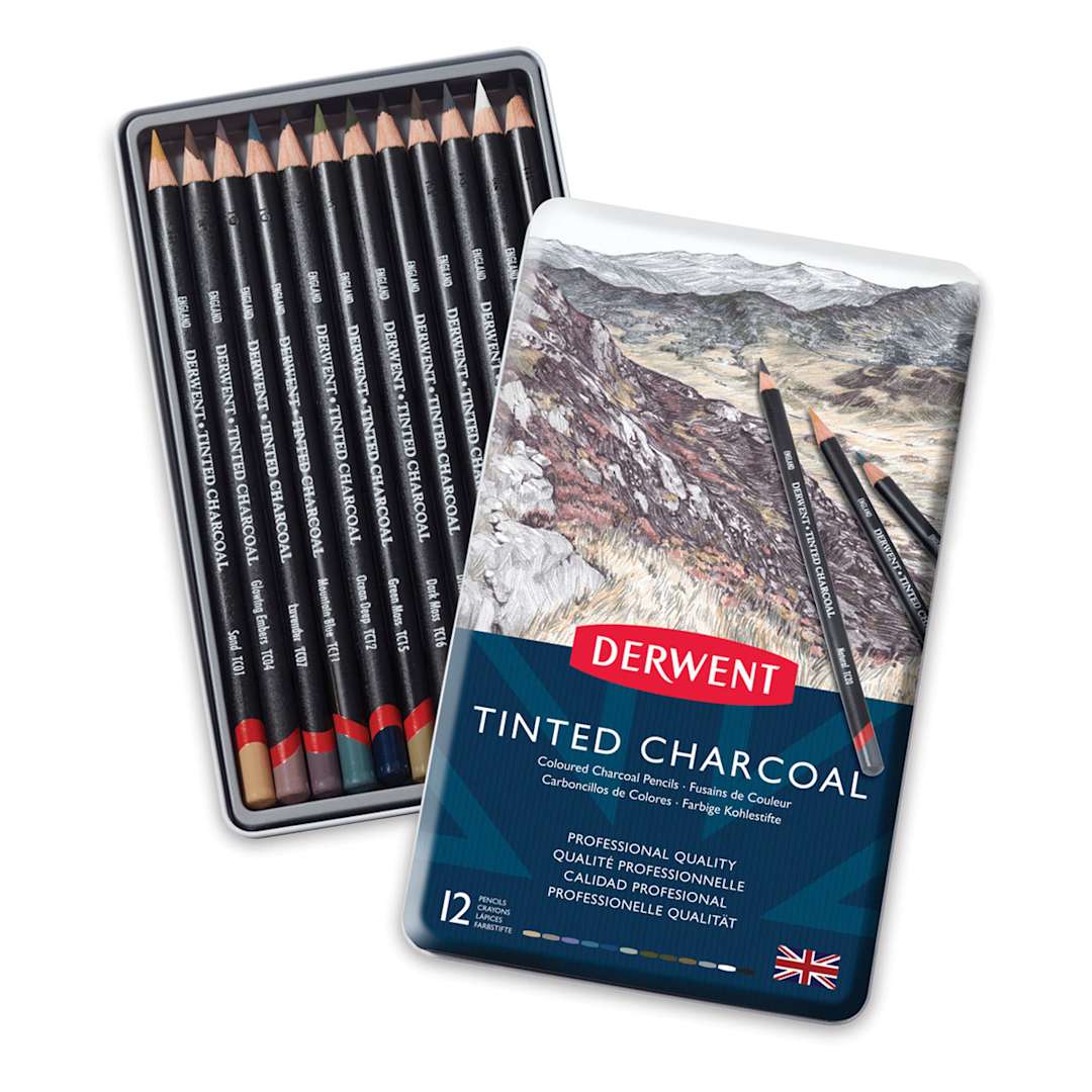Open in modal - Derwent Tinted Charcoal Pencil Set - 12 pc Assorted Colors Set, Tin Box open showing pencils