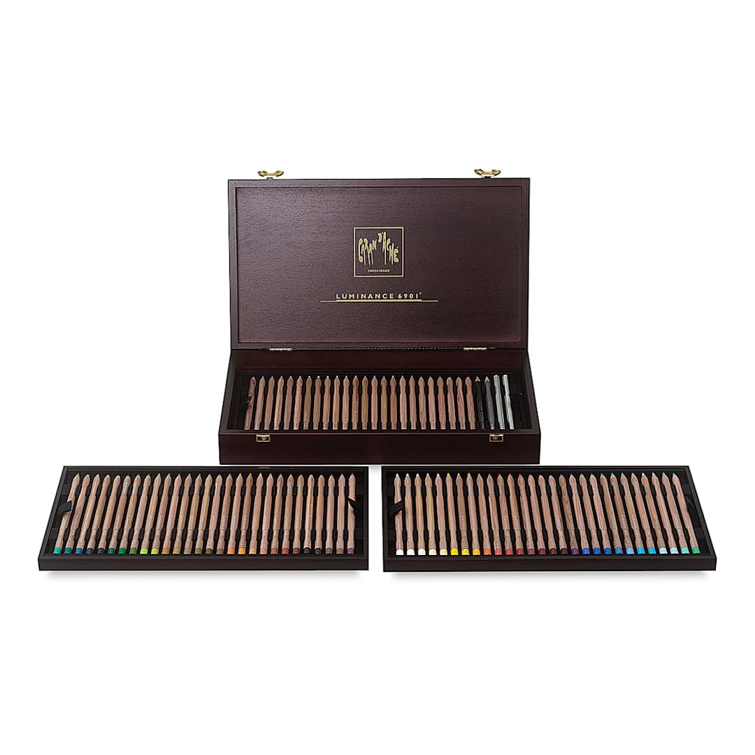 Open in modal - Caran d'Ache Luminance Colored Pencils - Assorted Colors, Wood Box, Set of 80 open box with contents