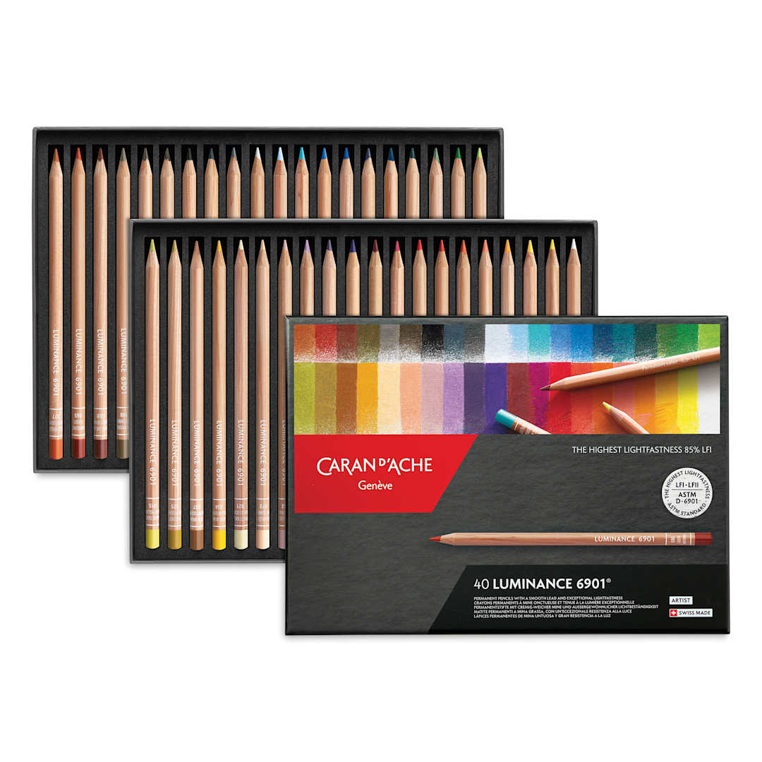 Open in modal - Caran d'Ache Luminance Colored Pencils - Assorted Colors, Set of 40 open box with contents