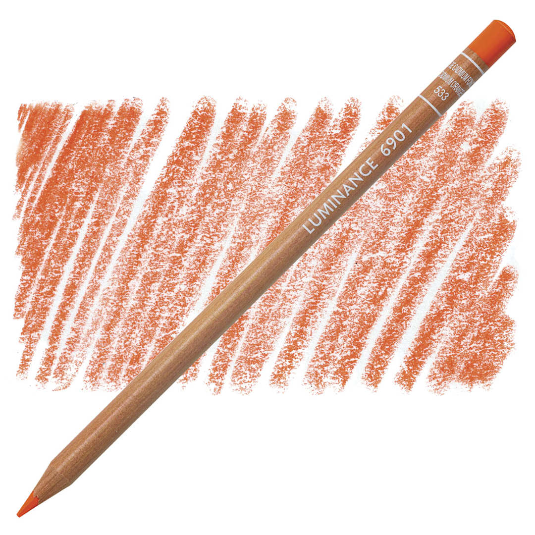Open in modal - Caran d'Ache Luminance Colored Pencil - Dark Cadmium Orange Hue pencil and swatch