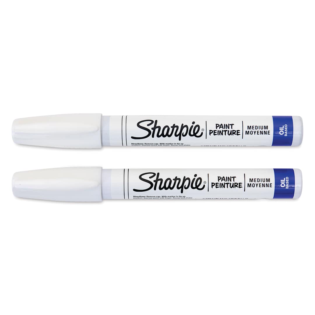 Open in modal - Sharpie Oil-Based Paint Marker - White, Medium Point, Pkg of 2, markers laid out with caps on