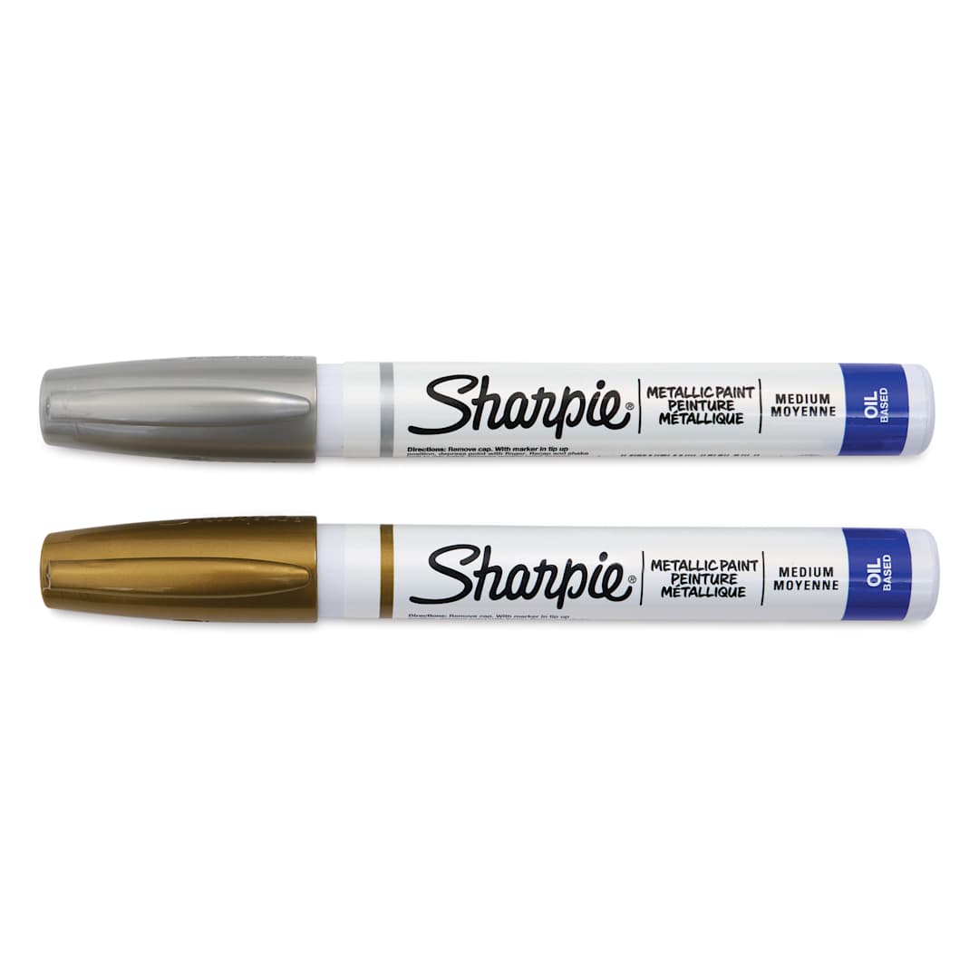 Open in modal - Sharpie Oil-Based Paint Marker - Gold and Silver, Medium Point, Set of 2, laid out with caps on