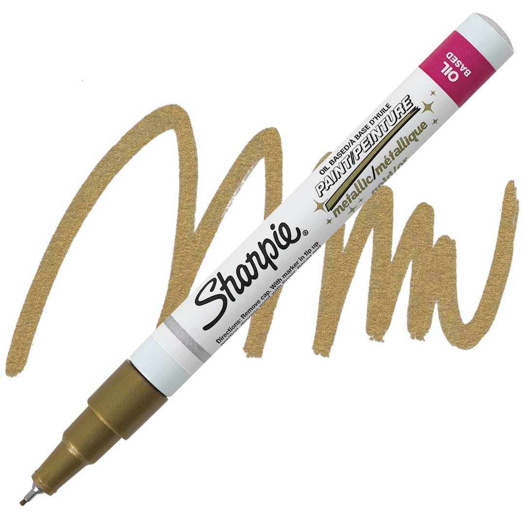 Open in modal - Sharpie Oil-Based Paint Marker - Metallic Gold, Extra Fine Point marker and swatch