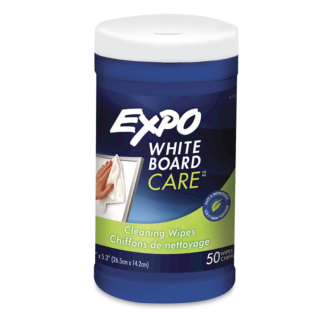 Open in modal - Expo Whiteboard Cleaner - Front of container holding 50 towelettes