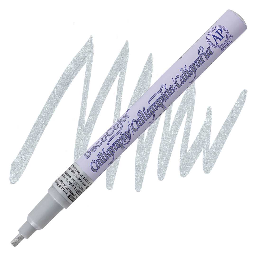 Open in modal - Decocolor Calligraphy Paint Marker - 2 mm Tip, Silver marker and swatch