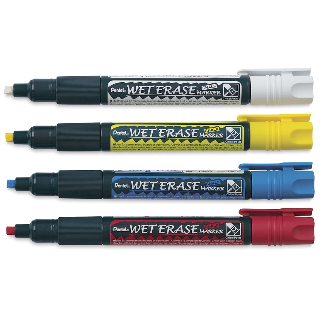 Open in modal - Pentel Wet Erase Chalk Markers - Set of 4 Primary Color Chisel Point Markers open horizontally