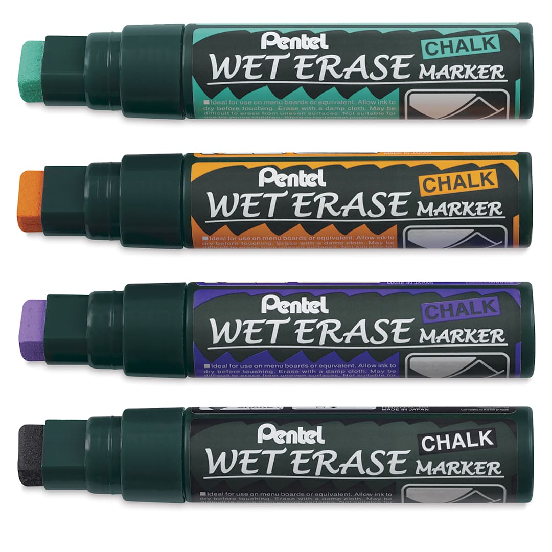 Open in modal - Pentel Wet Erase Chalk Markers - Set of 4 Secondary Color Jumbo Point Markers open horizontally