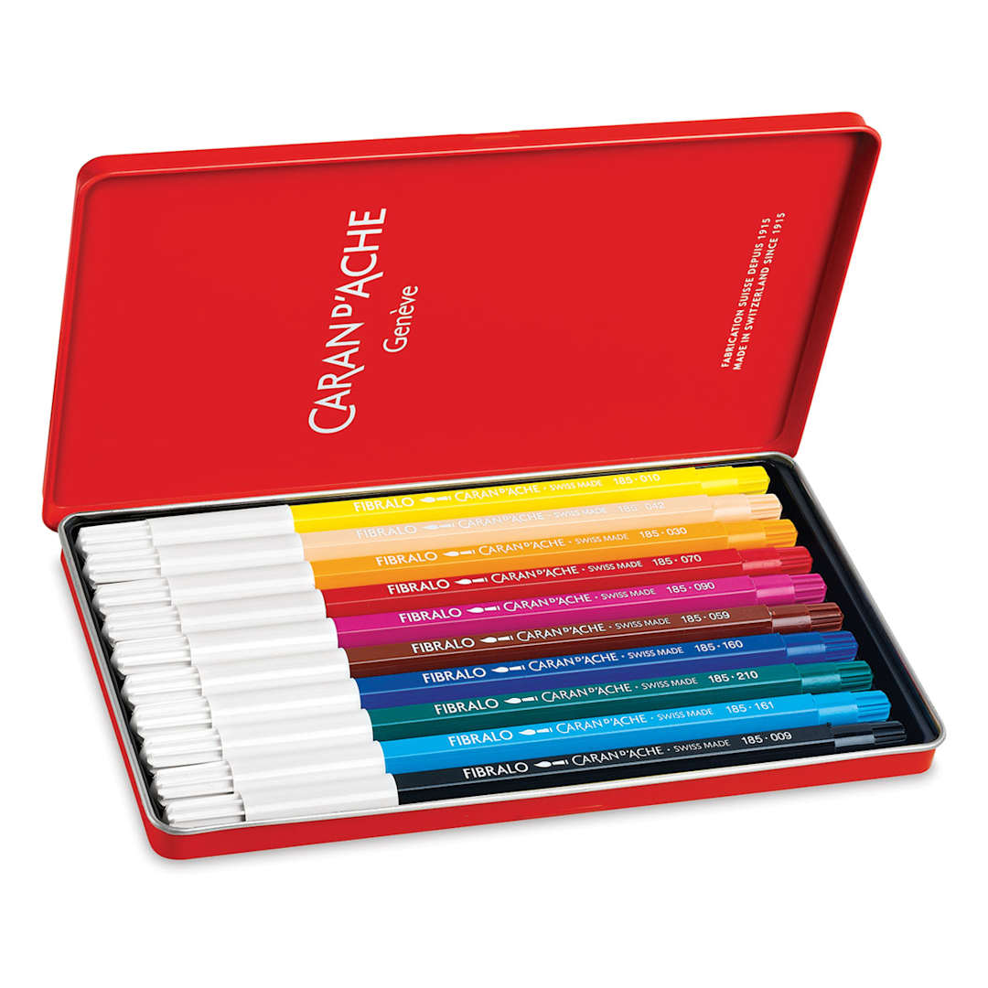 Open in modal - Caran d'Ache Fibralo Marker Sets - Components of package of 10 shown in open storage tin