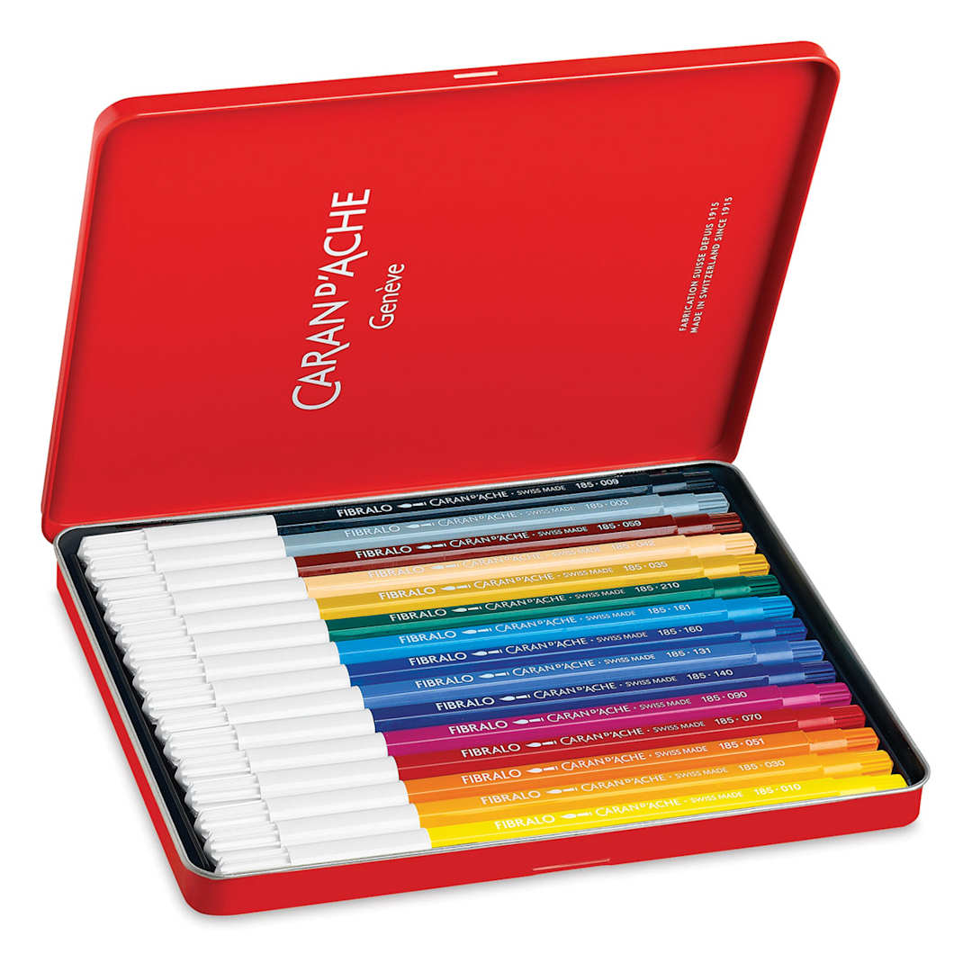 Open in modal - Caran d'Ache Fibralo Marker Sets - Components of package of 15 shown in open storage tin