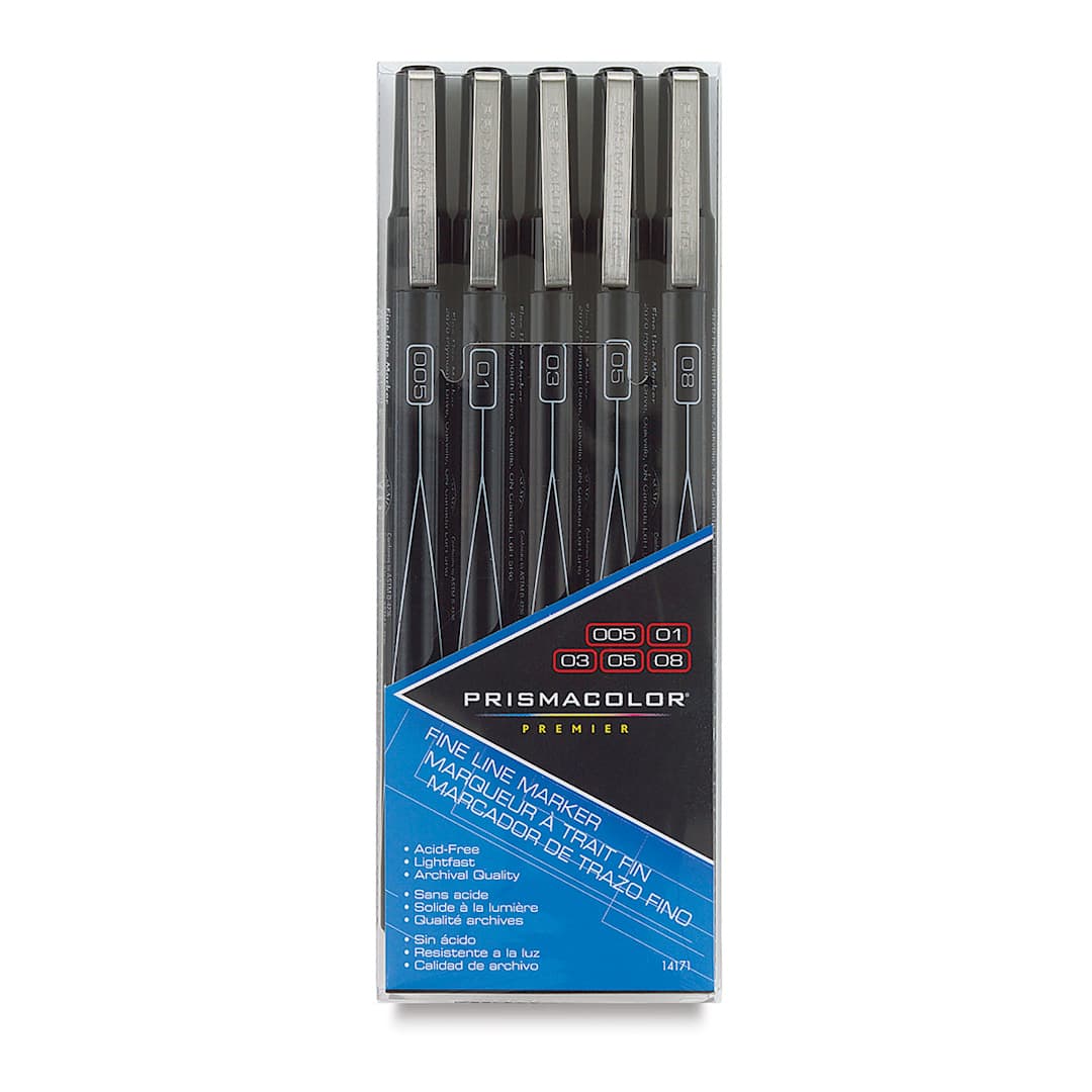 Open in modal - Prismacolor Premier Illustration Markers - 08, Black, Fine Line, Set of 5 (front of package)