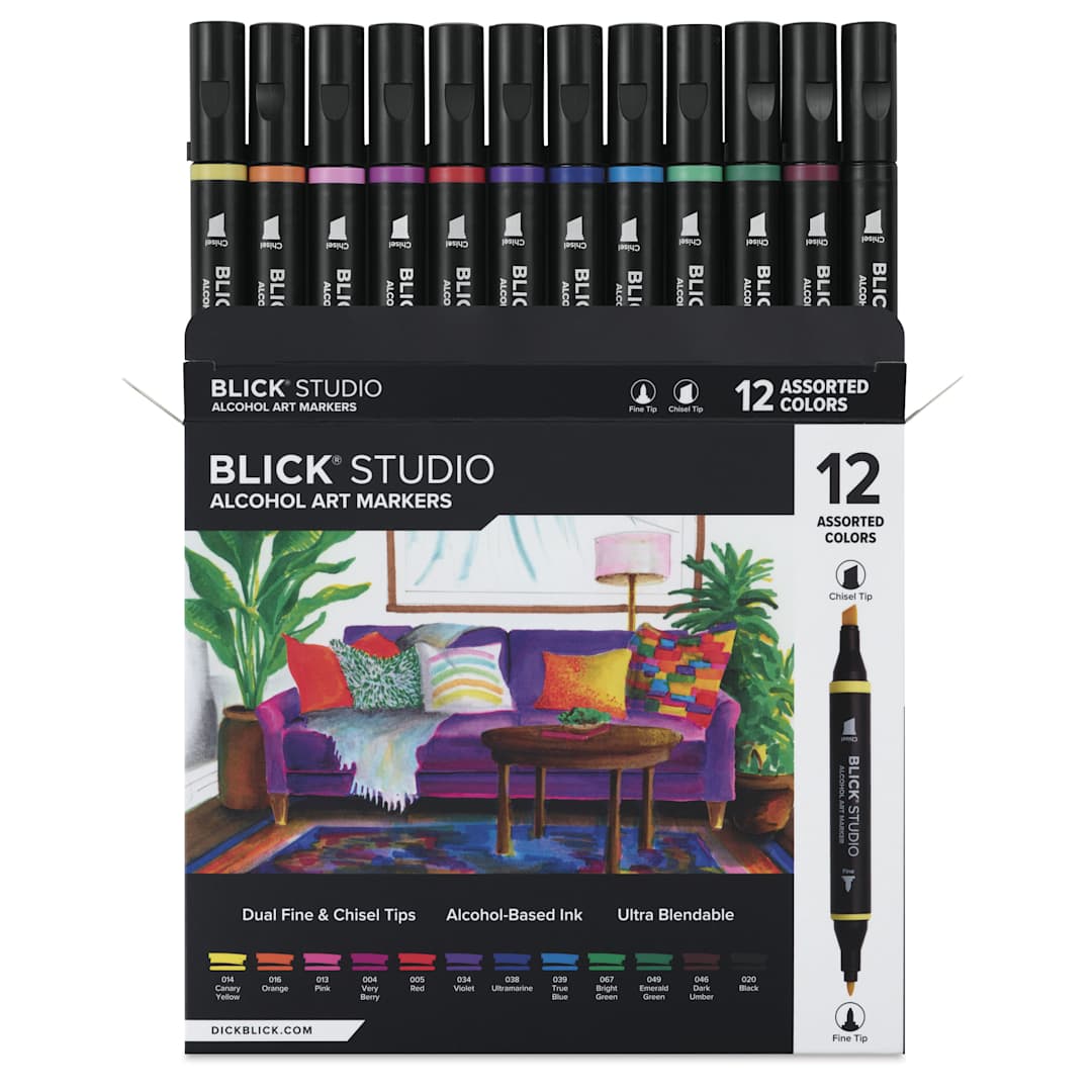 Open in modal - Blick Studio Double-Ended Alcohol Art Markers - Assorted Colors, Set of 12, front of packaging