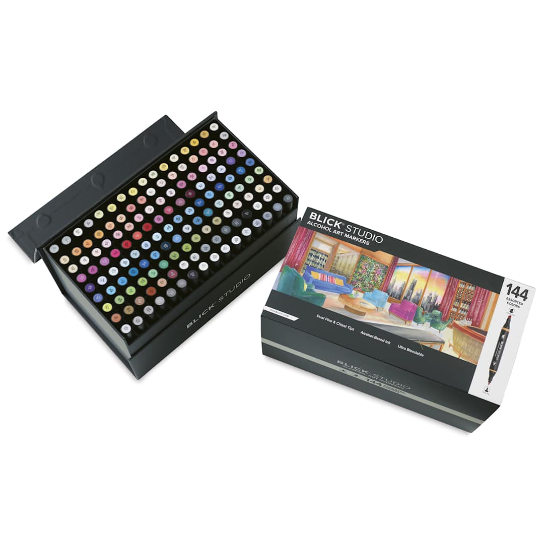 Open in modal - Blick Studio Double-Ended Alcohol Art Markers - Assorted Colors, Set of 144, open packaging