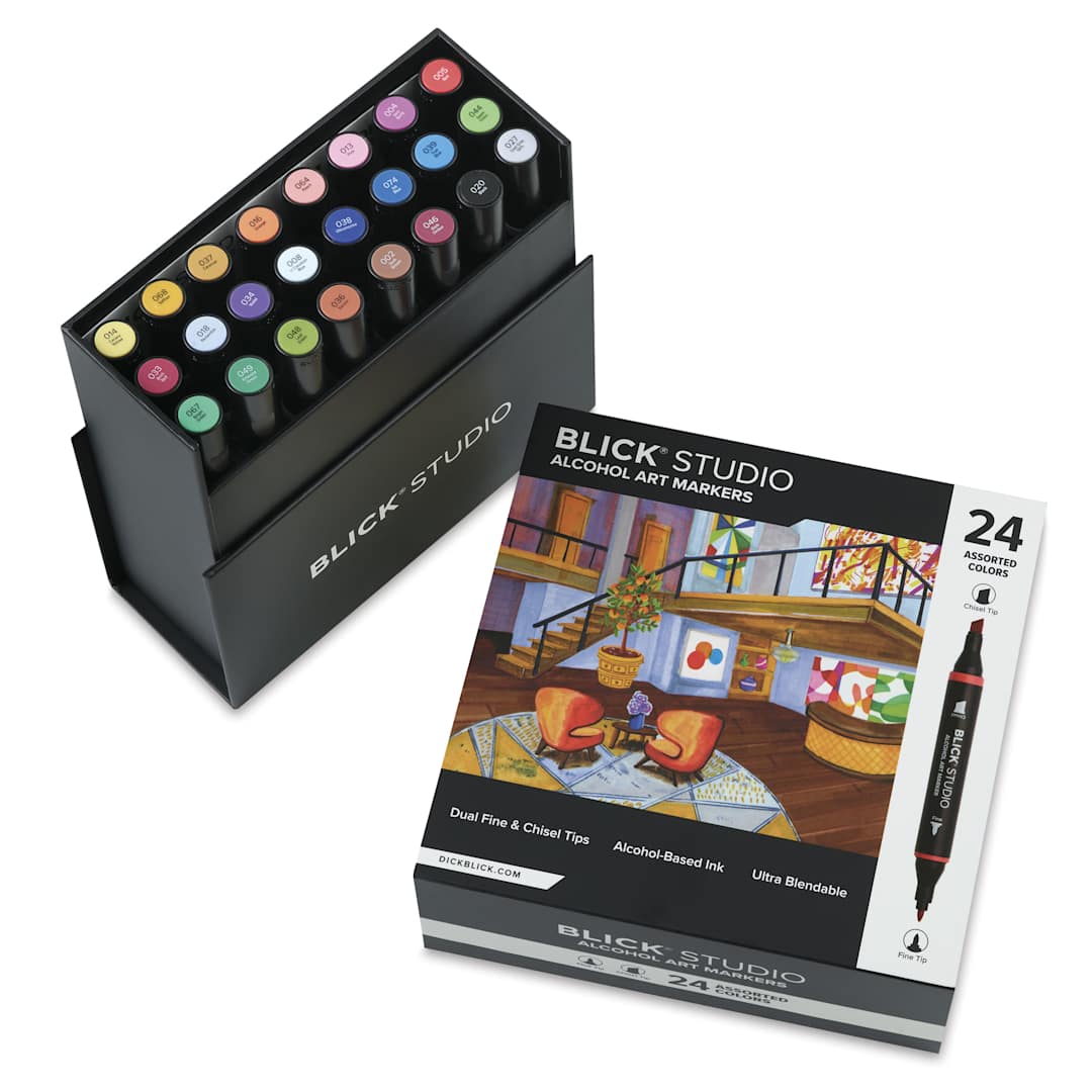 Open in modal - Blick Studio Double-Ended Alcohol Art Markers - Assorted Colors, Set of 24, open packaging