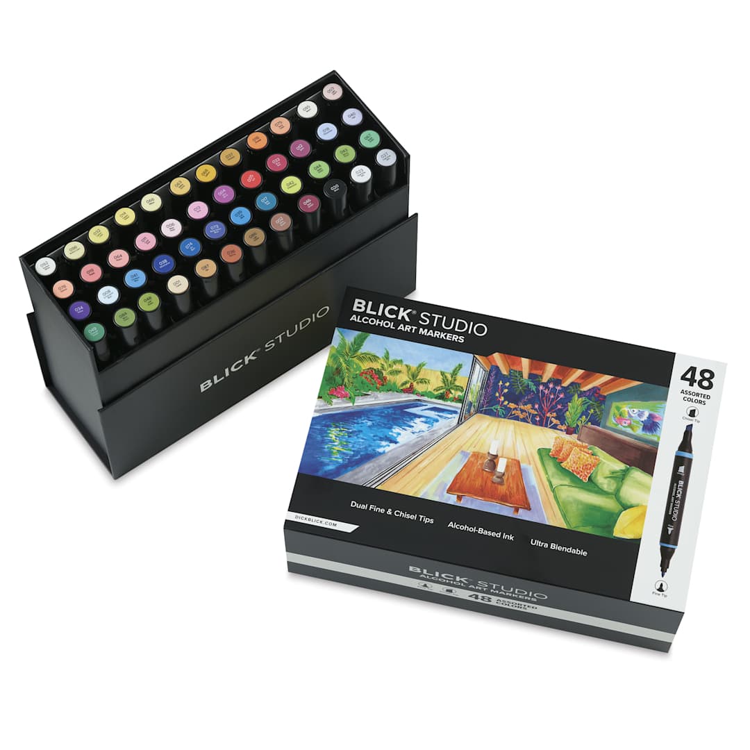 Open in modal - Blick Studio Double-Ended Alcohol Art Markers - Assorted Colors, Set of 48, open packaging