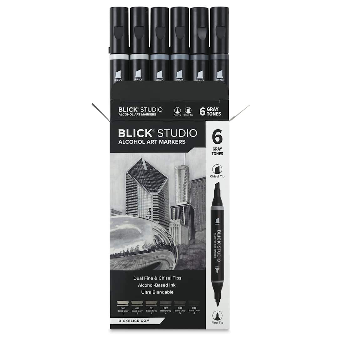 Open in modal - Blick Studio Double-Ended Alcohol Art Markers - Gray Tones, Set of 6, packaging