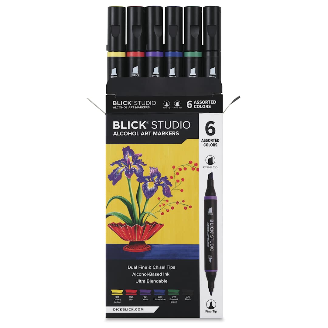 Open in modal - Blick Studio Double-Ended Alcohol Art Markers - Assorted Colors, Set of 6, front of packaging