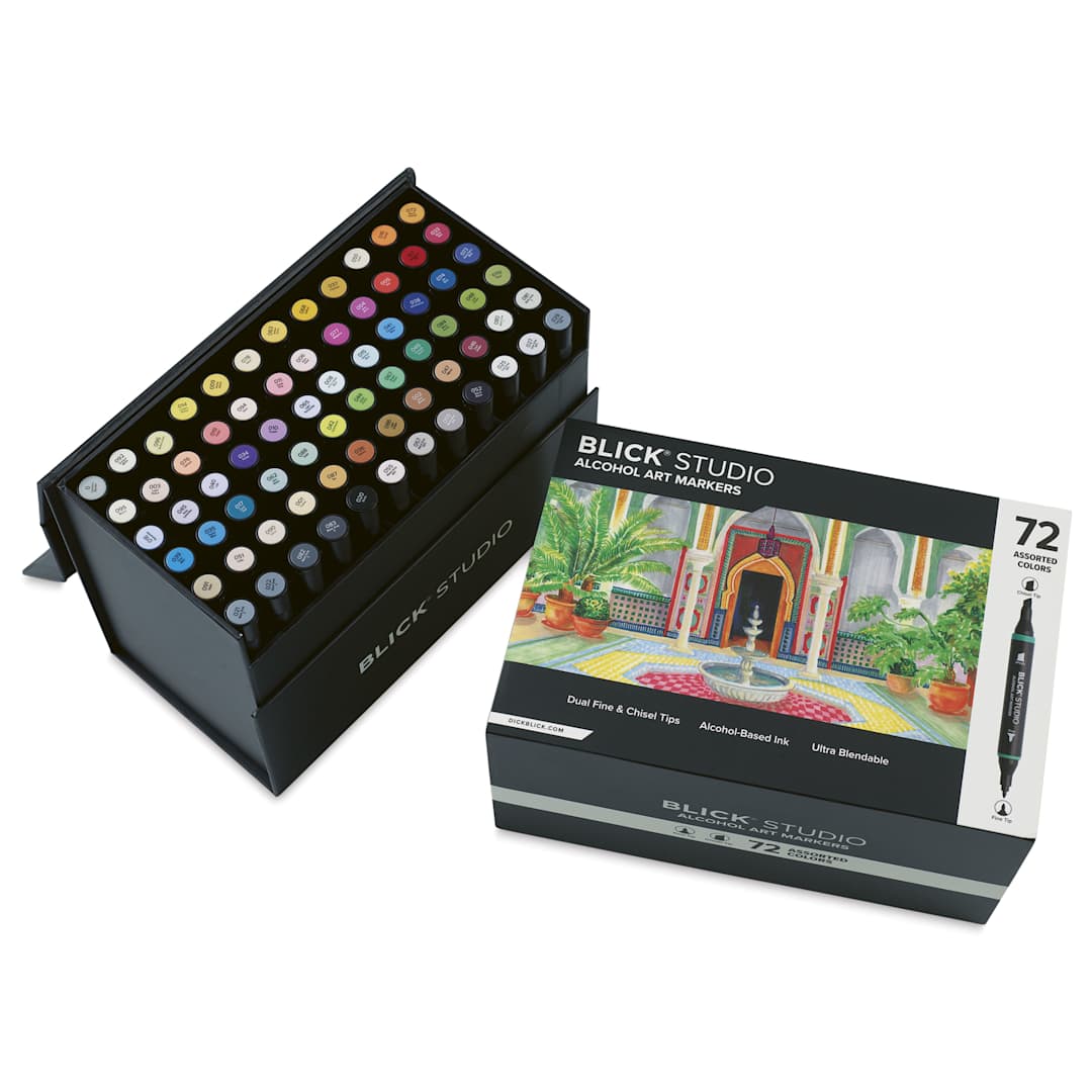 Open in modal - Blick Studio Double-Ended Alcohol Art Markers - Assorted Colors, Set of 72, open packaging
