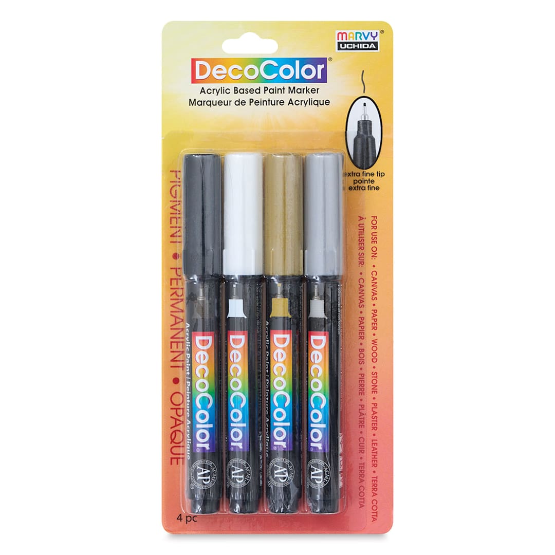 Open in modal - Decocolor Acrylic Paint Markers - Basic Colors, Set of 4, Extra Fine (front of package)