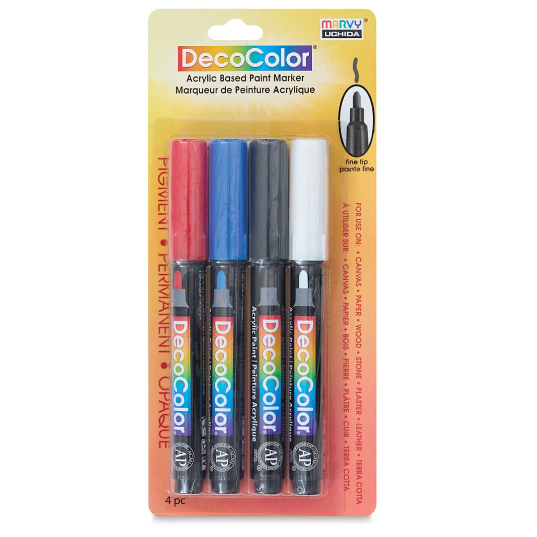 Open in modal - Decocolor Acrylic Paint Markers - Primary Colors, Set of 4, Fine (front of package)