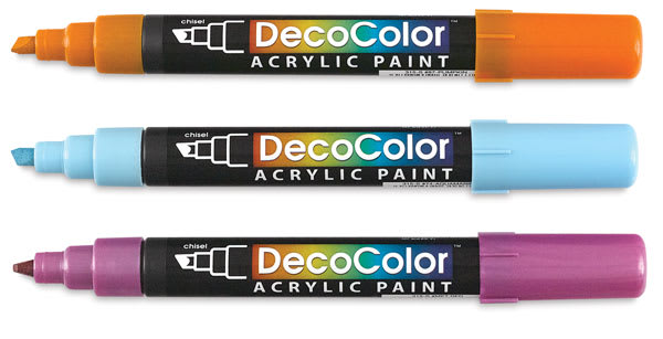 Open in modal - Decocolor Acrylic Paint Markers - 3 uncapped markers in orange, blue and purple shown horizontally
