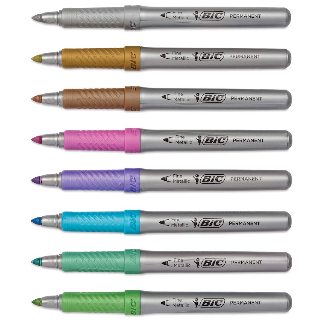 Open in modal - Bic Intensity Permanent Markers - Metallic Colors, Fine Tip, Set of 8, laid out with caps off