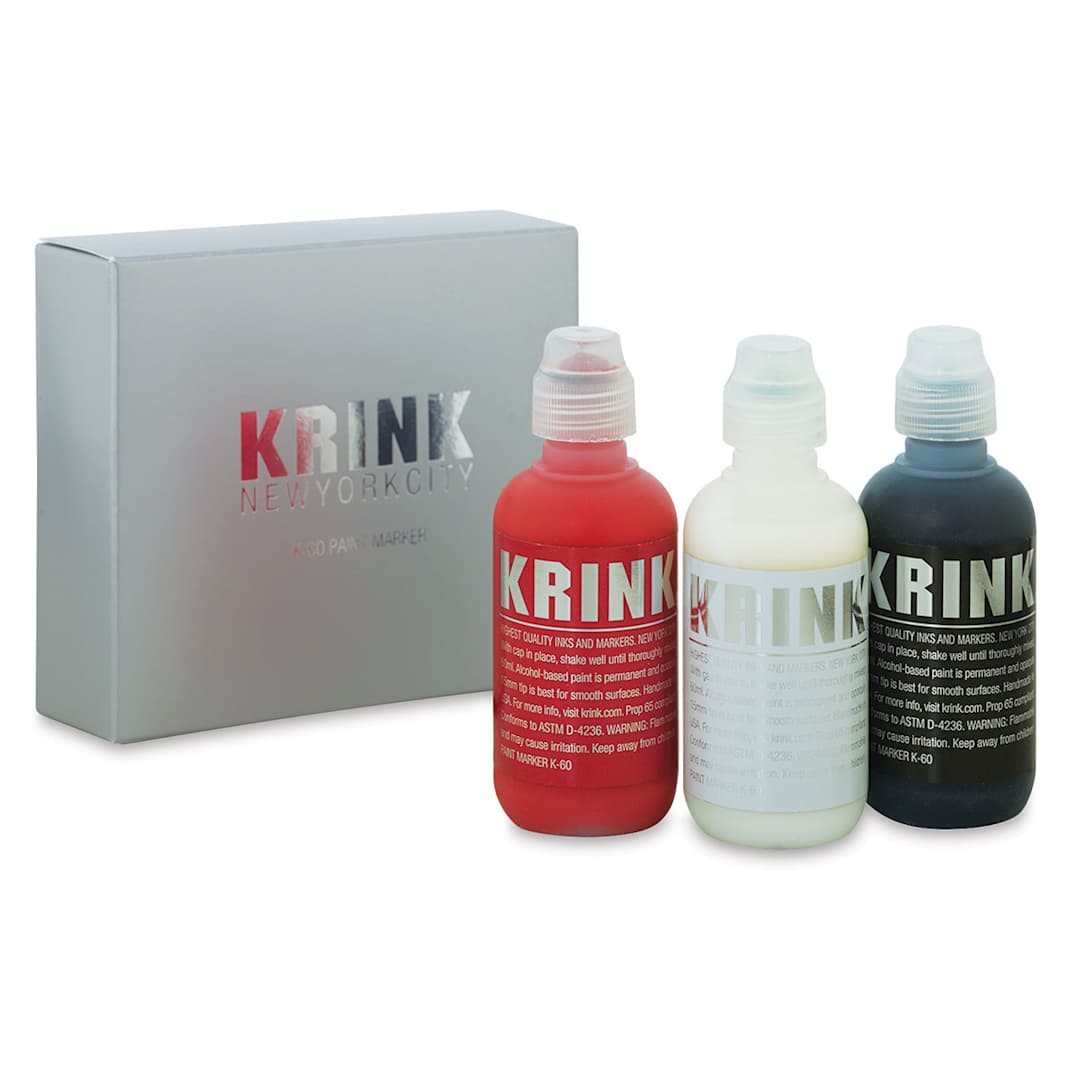 Open in modal - Krink K-60 Paint Markers - Red, White, and Black set of 3 shown adjacent to package
