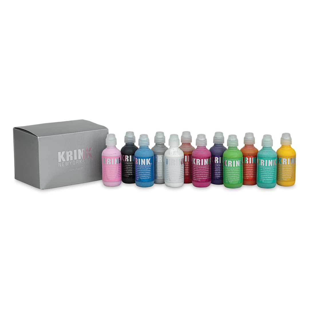 Open in modal - Krink K-60 Paint Markers - Set of 12 bottles shown adjacent to package