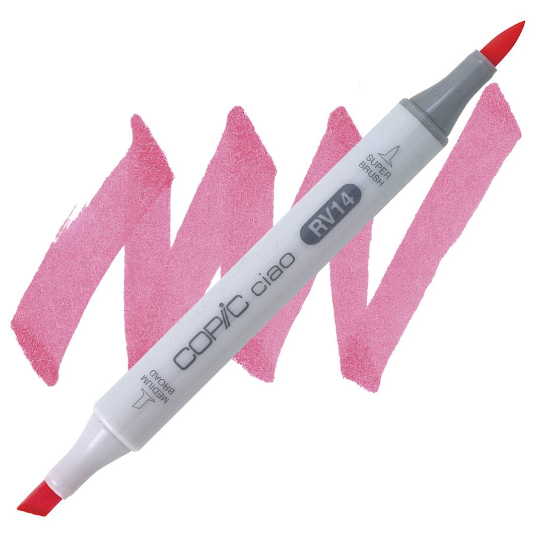 Open in modal - Copic Ciao Double Ended Marker - Begonia Pink RV14 marker and swatch