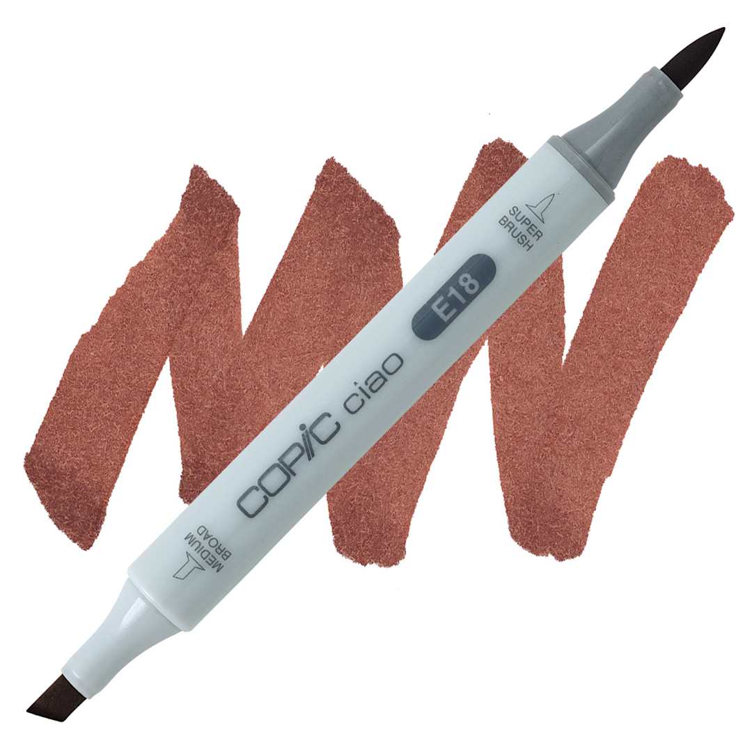 Open in modal - Copic Ciao Double Ended Marker - Copper E18 marker and swatch