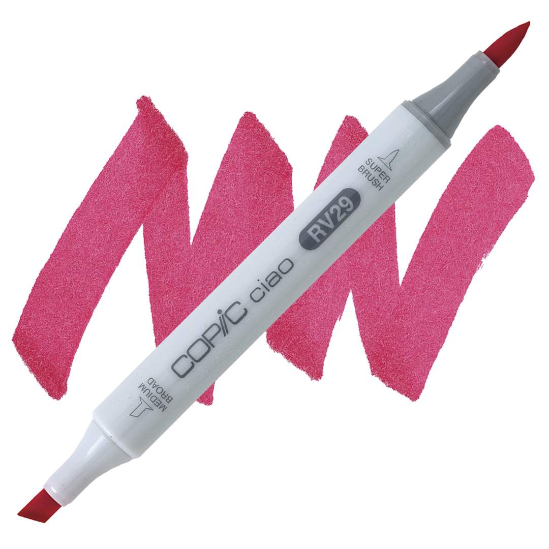 Open in modal - Copic Ciao Double Ended Marker - Crimson RV29 marker and swatch