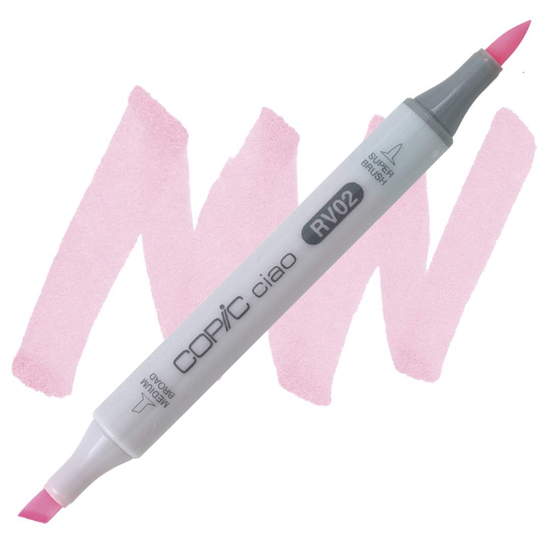 Open in modal - Copic Ciao Double Ended Marker - Sugared Almond Pink RV02 marker and swatch