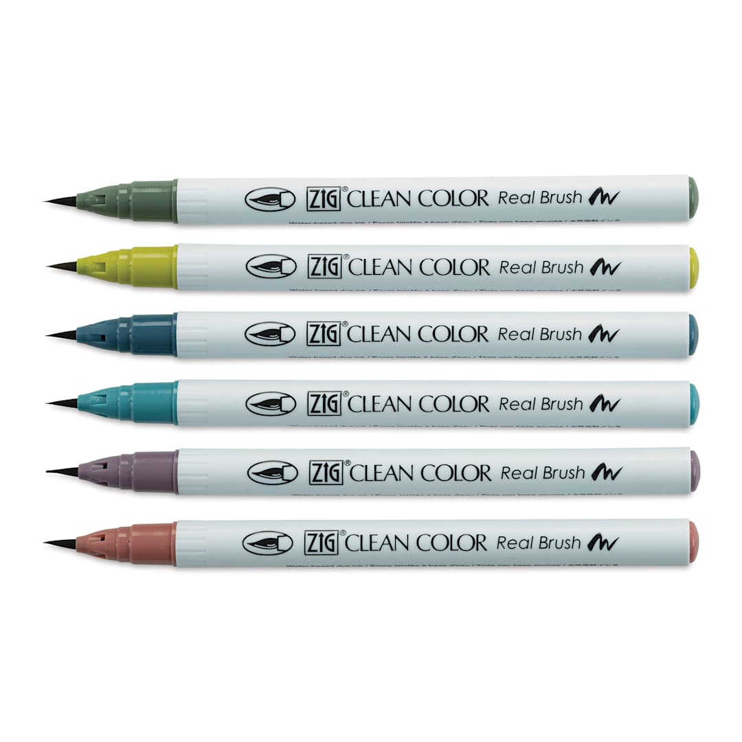 Open in modal - Kuretake Zig Clean Color Real Brush Pens - Smokey Colors, Set of 6 (set contents)