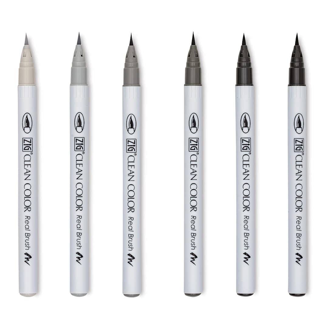 Open in modal - Kuretake Zig Clean Color Real Brush Pens - Cool Grey, Set of 6 (markers out of package)
