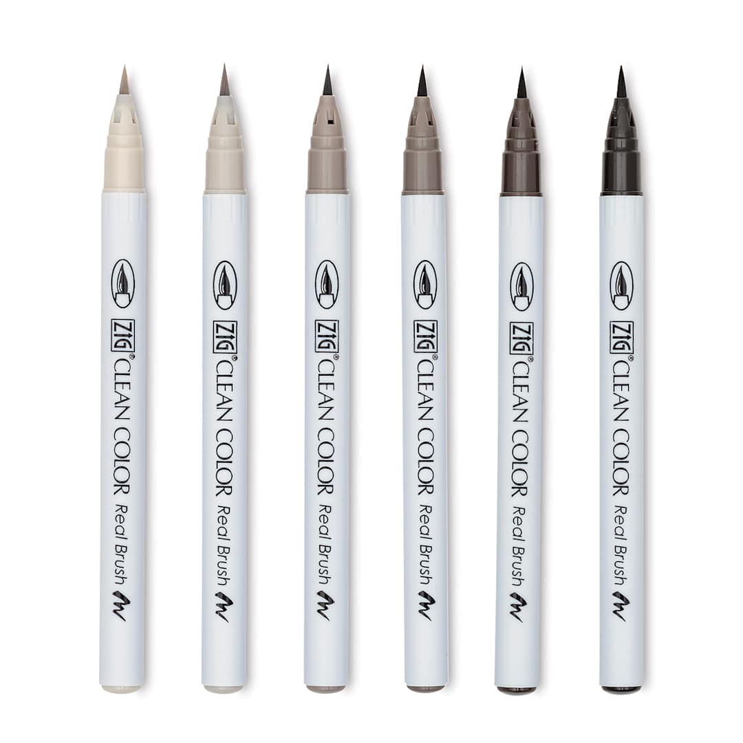 Open in modal - Kuretake Zig Clean Color Real Brush Pens - Warm Grey, Set of 6 (set contents)