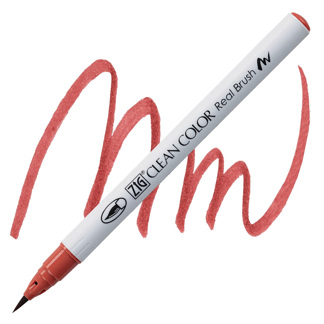 Open in modal - Kuretake Zig Clean Color Real Brush Pen - Deep Vermilion pen and swatch