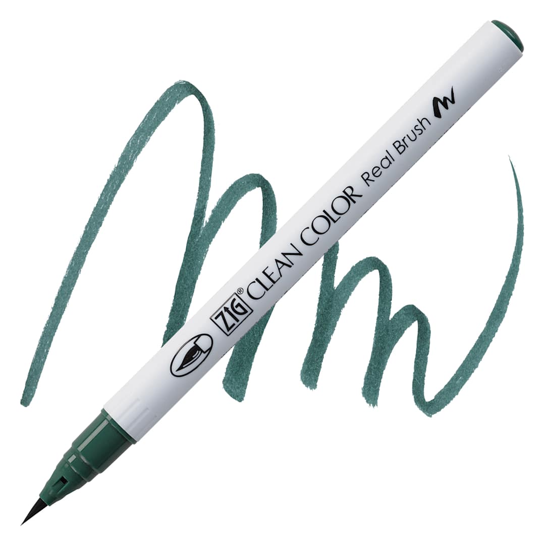 Open in modal - Kuretake Zig Clean Color Real Brush Pen - Dark Green pen and swatch