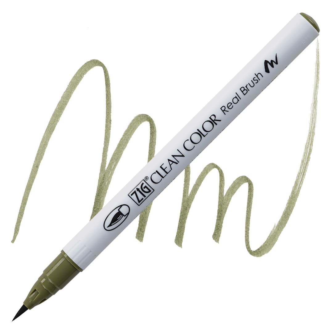 Open in modal - Kuretake Zig Clean Color Real Brush Pen - Smokey Olive pen and swatch