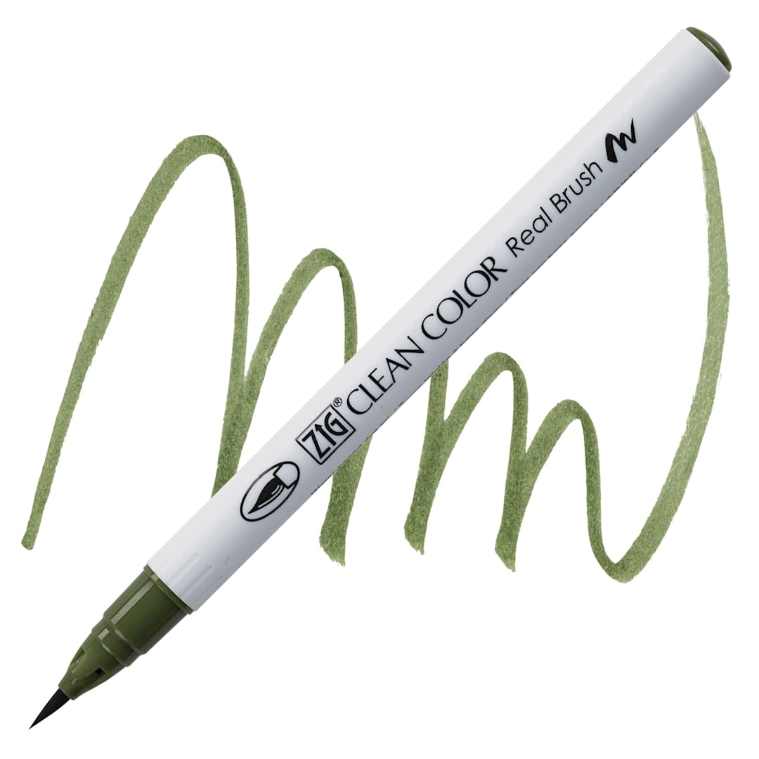 Open in modal - Kuretake Zig Clean Color Real Brush Pen - Moss Green pen and swatch