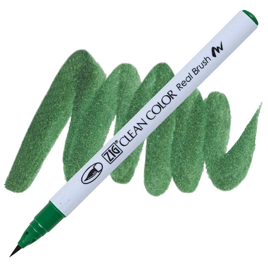 Open in modal - Kuretake Zig Clean Color Real Brush Pen - Deep Green pen and swatch