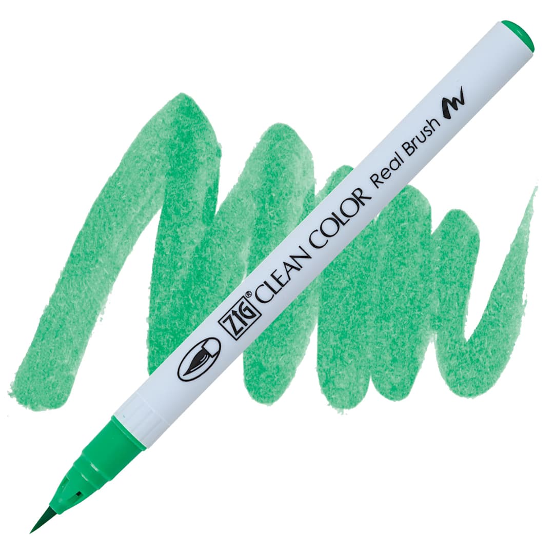 Open in modal - Kuretake Zig Clean Color Real Brush Pen - Emerald Green pen and swatch