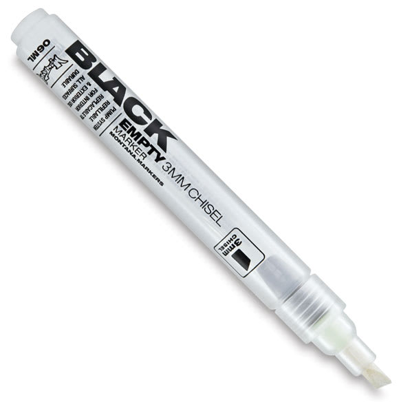 Open in modal - Montana Black Empty Markers - Empty 3mm Chisel tip marker at angle and uncapped