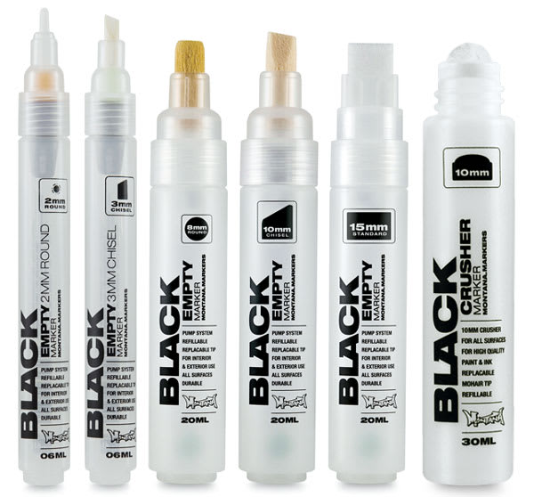 Open in modal - Montana Black Empty Markers - Various sizes of Empty markers and replacement nibs shown