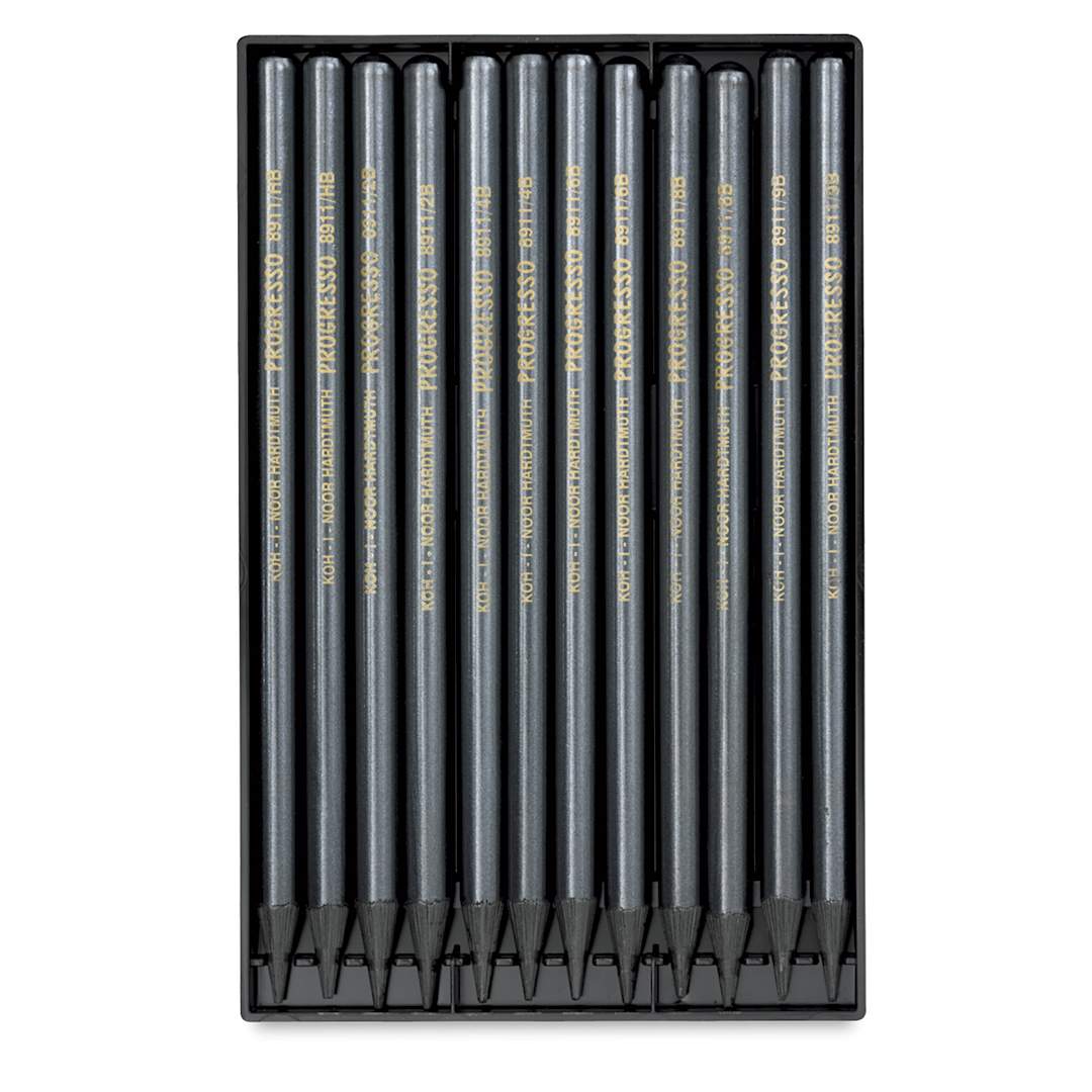 Open in modal - Koh-I-Noor Progresso Woodless Graphite Pencils Set - Open 12 pc pkg showing Assorted pencils in tray