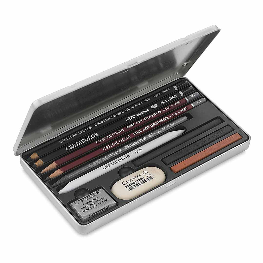 Open in modal - Cretacolor Teacher's Choice Sets - Components of Beginner's set shown in tin