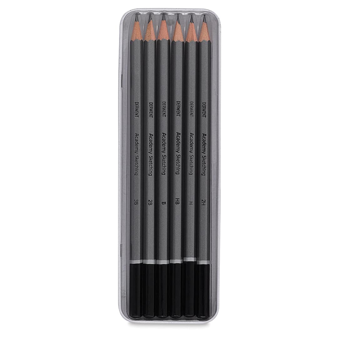 Open in modal - Academy Sketching Pencils -  Set of 6 Pencils shown open in storage tin