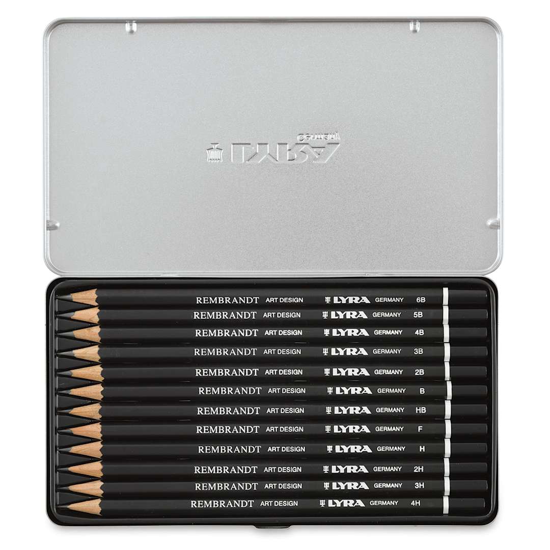 Open in modal - Lyra Rembrandt Art Design Graphite Pencil Set - Hinged box open showing 12 pencils inside