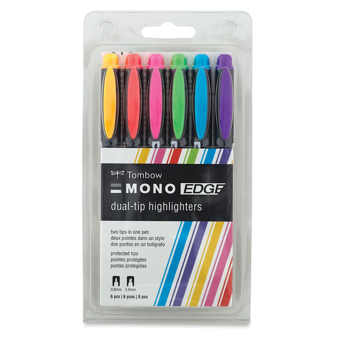 Open in modal - Tombow Mono Edge Highlighters - Front view of clear package of 6 colors
